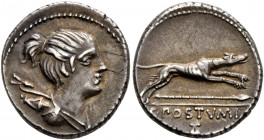 C. Postumius, 73 BC. Denarius (Silver, 18 mm, 3.83 g, 6 h), Rome. Draped bust of Diana to right, with bow and quiver over her shoulder. Rev. C•POSTVMI...