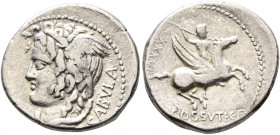 L. Cossutius C.f. Sabula, 72 BC. Denarius (Silver, 18 mm, 4.08 g, 1 h), Rome. SABVLA Winged head of Medusa to left, with serpents in her hair. Rev. L•...