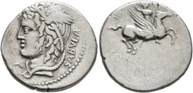 L. Cossutius C.f. Sabula, 72 BC. Denarius (Silver, 18 mm, 3.46 g, 5 h), Rome. SABVLA Winged head of Medusa to left, with serpents in her hair. Rev. L•...