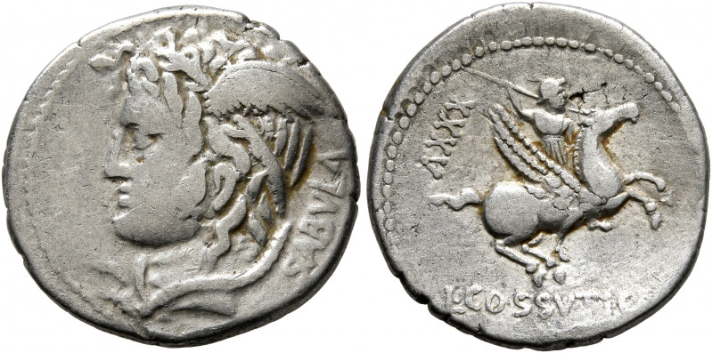 L. Cossutius C.f. Sabula, 72 BC. Denarius (Silver, 19 mm, 3.58 g, 3 h), Rome. SA...