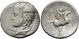 L. Cossutius C.f. Sabula, 72 BC. Denarius (Silver, 19 mm, 3.58 g, 3 h), Rome. SABVLA Head of Medusa to left, winged and with snakes crawling through h...