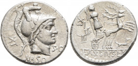 Lucius Axius L.f. Naso, 70 BC. Denarius (Silver, 19 mm, 3.99 g, 6 h), Rome. XI - NASO - S•C Head of Mars to right, wearing crested helmet decorated wi...