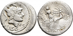 Lucius Axius L.f. Naso, 70 BC. Denarius (Silver, 19 mm, 3.91 g, 8 h), Rome. XVIII - NASO - S•C Head of Mars to right, wearing crested helmet decorated...
