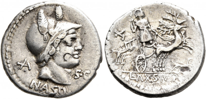 Lucius Axius L.f. Naso, 70 BC. Denarius (Silver, 18 mm, 3.86 g, 6 h), Rome. Head...
