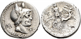 Lucius Axius L.f. Naso, 70 BC. Denarius (Silver, 18 mm, 3.86 g, 6 h), Rome. Head of Mars to right, wearing plumet helmet; behin control mark; below ne...