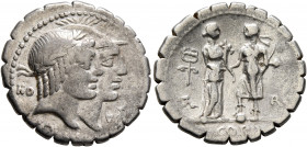 Q. Fufius Calenus and Mucius Cordus, 68 BC. Denarius (Silver, 20 mm, 3.90 g, 6 h), Rome. HO - [VIRT / KALENI] Jugate heads of Honos, laureate, and Vir...