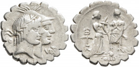 Q. Fufius Calenus and Mucius Cordus, 68 BC. Denarius (Silver, 21 mm, 3.66 g, 6 h), Rome. HO - VIRT / [KALENI] Jugate heads of Honos, laureate, and Vir...