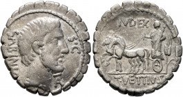 T. Vettius Sabinus, 66 BC. Denarius (Silver, 20 mm, 4.00 g, 7 h), Rome. SABINVS - S•C Bare and bearded head of King Tatius to right; below chin, monog...