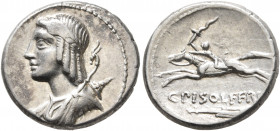 C. Piso L.f. Frugi, 67 BC. Denarius (Silver, 18 mm, 4.00 g, 7 h), Rome. Diademed, draped and cuirassed bust of Apollo to left with bow and quiver over...