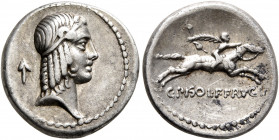 C. Piso L.f. Frugi, 67 BC. Denarius (Silver, 17 mm, 3.84 g, 5 h), Rome. Laureate head of Apollo to right; behind, arrow. Rev. Nude horseman galloping ...