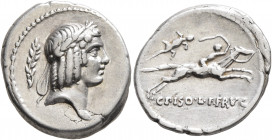 C. Piso L.f. Frugi, 67 BC. Denarius (Silver, 19 mm, 3.88 g, 5 h), Rome. Laureate head of Apollo to right; behind, branch. Rev. Nude horseman galloping...