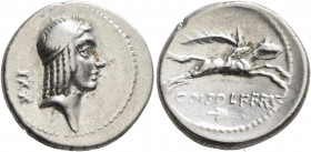 C. Piso L.f. Frugi, 67 BC. Denarius (Silver, 19 mm, 4.00 g, 6 h), Rome. Laureate head of Apollo to right; behind, control mark. Rev. C PISO L F FRVGI ...