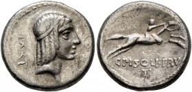 C. Piso L.f. Frugi, 67 BC. Denarius (Silver, 17 mm, 3.73 g, 5 h), Rome. Laureate head of Apollo to right; behind, control mark. Rev. C PISO L F FRV / ...