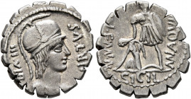 Mn. Aquillius Mn.f. Mn.n, 65 BC. Denarius (Silver, 19 mm, 4.00 g, 6 h), Rome. VIRTVS III•VIR Draped bust of Virtus to right, wearing crested helmet de...