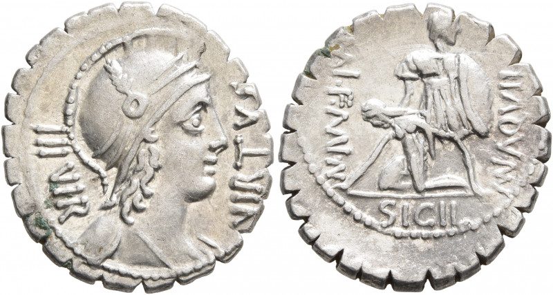 Mn. Aquillius Mn.f. Mn.n, 65 BC. Denarius (Silver, 21 mm, 3.91 g, 6 h), Rome. VI...