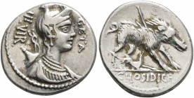 C. Hosidius C.f. Geta, 64 BC. Denarius (Silver, 18 mm, 3.92 g, 5 h), Rome. GETA / III•VIR Diademed and draped bust of Diana to right, with bow and qui...