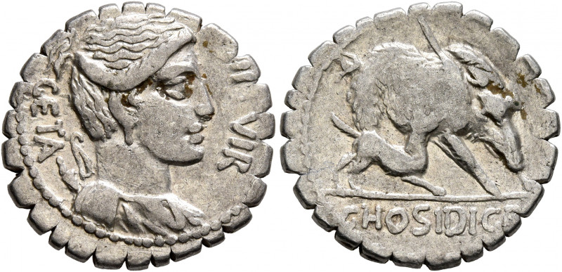 C. Hosidius C.f. Geta, 64 BC. Denarius (Silver, 19.5 mm, 3.76 g, 7 h), Rome. III...