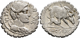 C. Hosidius C.f. Geta, 64 BC. Denarius (Silver, 19.5 mm, 3.76 g, 7 h), Rome. III VIR - GETA Draped bust of Diana to right, with bow and quiver over he...