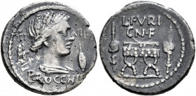 L. Furius Cn.f. Brocchus, 63 BC. Denarius (Silver, 19 mm, 3.32 g, 9 h), Rome. III - VIR / BROCCHI Head of Ceres to right; to left, grain ear; to right...