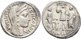L. Aemilius Lepidus Paullus, 62 BC. Denarius (Silver, 20 mm, 3.89 g, 6 h), Rome. PAVLLVS LEPIDVS CONCORDIA Veiled and diademed head of Concordia to ri...