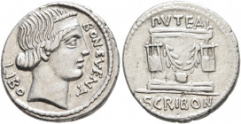 L. Scribonius Libo, 62 BC. Denarius (Silver, 19 mm, 3.82 g, 6 h), Rome. BON•EVENT LIBO Diademed head of Bonus Eventus to right. Rev. PVTEAL SCRIBON Ga...