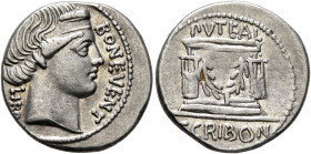 L. Scribonius Libo, 62 BC. Denarius (Silver, 19 mm, 4.00 g, 5 h), Rome. BON•EVENT LIBO Diademed head of Bonus Eventus to right. Rev. PVTEAL SCRIBON Ga...