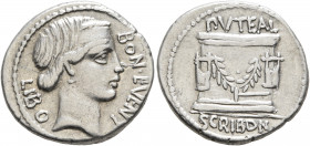 L. Scribonius Libo, 62 BC. Denarius (Silver, 19 mm, 3.94 g, 6 h), Rome. BON•EVENT LIBO Diademed head of Bonus Eventus to right. Rev. PVTEAL SCRIBON Ga...