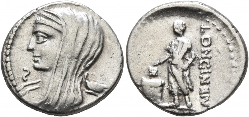 L. Cassius Longinus, 60 BC. Denarius (Silver, 20 mm, 3.80 g, 6 h), Rome. Veiled ...