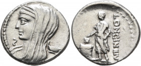 L. Cassius Longinus, 60 BC. Denarius (Silver, 20 mm, 3.80 g, 6 h), Rome. Veiled and diademed head of Vesta to left; below chin, S ; in field to right,...