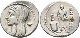 L. Cassius Longinus, 60 BC. Denarius (Silver, 20 mm, 4.00 g, 7 h), Rome. Veiled and diademed head of Vesta to left; below chin, control letter; in fie...