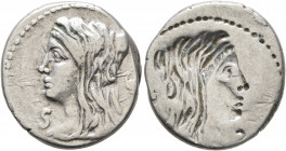 L. Cassius Longinus, 60 BC. Denarius (Silver, 19 mm, 3.90 g, 12 h), brockage mint error, Rome. Veiled and diademed head of Vesta to left; to right, tw...
