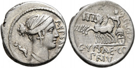 P. Plautius Hypsaeus, 60 BC. Denarius (Silver, 18 mm, 3.77 g, 3 h), Rome. P•VPSAE / S•C Draped bust of Leuconoë to right; behind, small dolphin swimmi...