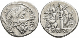 M. Nonius Sufenas, 59 BC. Denarius (Silver, 16 mm, 3.04 g, 11 h), Rome. SVFENAS S•C Head of Saturn to right; behind, harpa and conical stone. Rev. PR•...