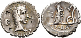 L. Roscius Fabatus, 59 BC. Denarius (Silver, 19 mm, 3.87 g, 6 h), Rome. L•ROSCI Head of Juno Sospita to right, wearing goat-skin headdress; behind, be...