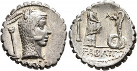 L. Roscius Fabatus, 59 BC. Denarius (Silver, 18 mm, 3.85 g, 7 h), Rome. L•ROSCI Head of Juno Sospita to right, wearing goat-skin headdress; behind, co...