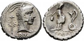 L. Roscius Fabatus, 59 BC. Denarius (Silver, 18 mm, 3.88 g, 7 h), Rome. L•ROSCI Head of Juno Sospita to right, wearing goat-skin headdress; behind, th...