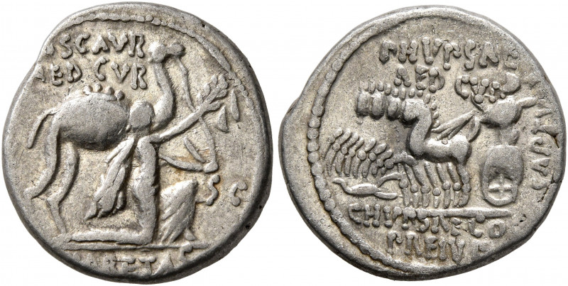 M. Aemilius Scaurus and Pub. Plautius Hypsaeus, 58 BC. Denarius (Silver, 18 mm, ...