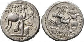 M. Aemilius Scaurus and Pub. Plautius Hypsaeus, 58 BC. Denarius (Silver, 18 mm, 3.84 g, 4 h), Rome. M SCAVR / AED CVR / [EX] - S C / [REX] ARETAS Naba...