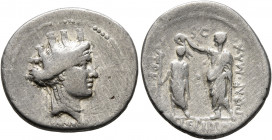 M. Aemilius Lepidus, 58 BC. Denarius (Silver, 20 mm, 3.79 g, 4 h), Rome. [ALEXANDREA] Female head to right, wearing turreted diadem. Rev. PONT•MAX – T...