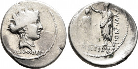 M. Aemilius Lepidus, 58 BC. Denarius (Silver, 20 mm, 3.82 g, 4 h), Rome. ALEXANDREA Female head to right, wearing turreted diadem. Rev. PONT•MAX – TVT...