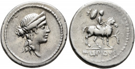 M. Aemilius Lepidus, 58 BC. Denarius (Silver, 20 mm, 3.84 g, 5 h), Rome. Laureate and diademed female head to right. Rev. M•LEPIDVS Equestrian statue ...
