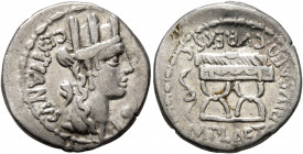 M. Plaetorius M.f. Cestianus, 57 BC. Denarius (Silver, 19 mm, 3.85 g, 12 h), Rome. CESTIANVS Turreted and draped bust of Cybele to right; behind, fore...
