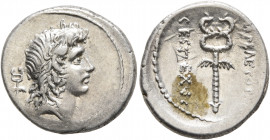 M. Plaetorius M.f. Cestianus, 57 BC. Denarius (Silver, 19 mm, 3.60 g, 1 h), Rome. Youthful male head to right; behind, winged caduceus. Rev. M PLAETOR...