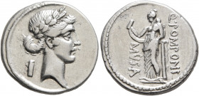 Q. Pomponius Musa, 56 BC. Denarius (Silver, 18 mm, 3.79 g, 4 h), Rome. Laureate head of Apollo to right; to left, volumen. Rev. Q•POMPONI / MVSA Clio,...