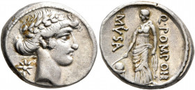 Q. Pomponius Musa, 56 BC. Denarius (Silver, 18 mm, 4.04 g, 4 h), Rome. Laureate head of Apollo to right; behind, star. Rev. Q•POMPONI MVSA Urania, the...