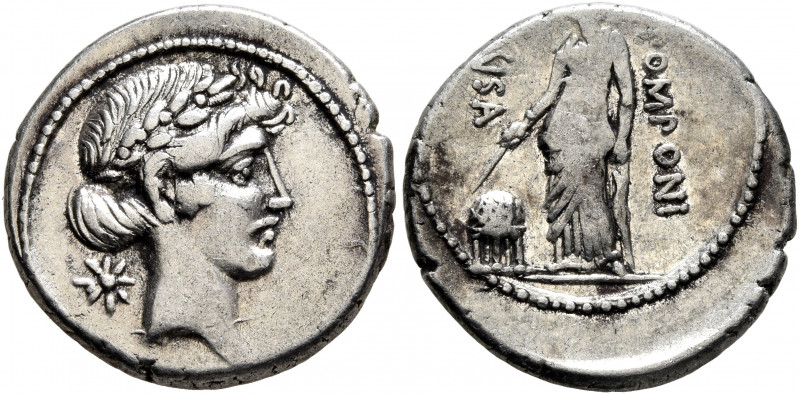 Q. Pomponius Musa, 56 BC. Denarius (Silver, 19 mm, 4.00 g, 6 h), Rome. Laureate ...