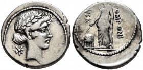 Q. Pomponius Musa, 56 BC. Denarius (Silver, 19 mm, 4.00 g, 6 h), Rome. Laureate head of Apollo to right; behind, star. Rev. [Q•P]OMPONI / [M]VSA Urani...