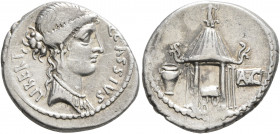 Q. Cassius Longinus, 55 BC. Denarius (Silver, 19 mm, 3.73 g, 6 h), Rome. Q•CASSIVS LIBERT Head of Libertas to right. Rev. Curule chair within hexastyl...