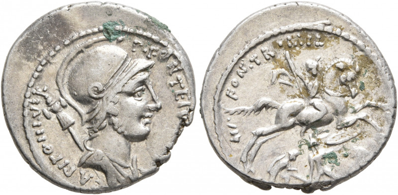 P. Fonteius P.f. Capito, 55 BC. Denarius (Silver, 19 mm, 3.87 g, 1 h), Rome. P•F...