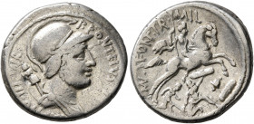 P. Fonteius P.f. Capito, 55 BC. Denarius (Silver, 18.5 mm, 3.92 g, 7 h), Rome. P•FONTEIVS•CAPITO•III•VIR Helmeted and draped bust of Mars to right; be...
